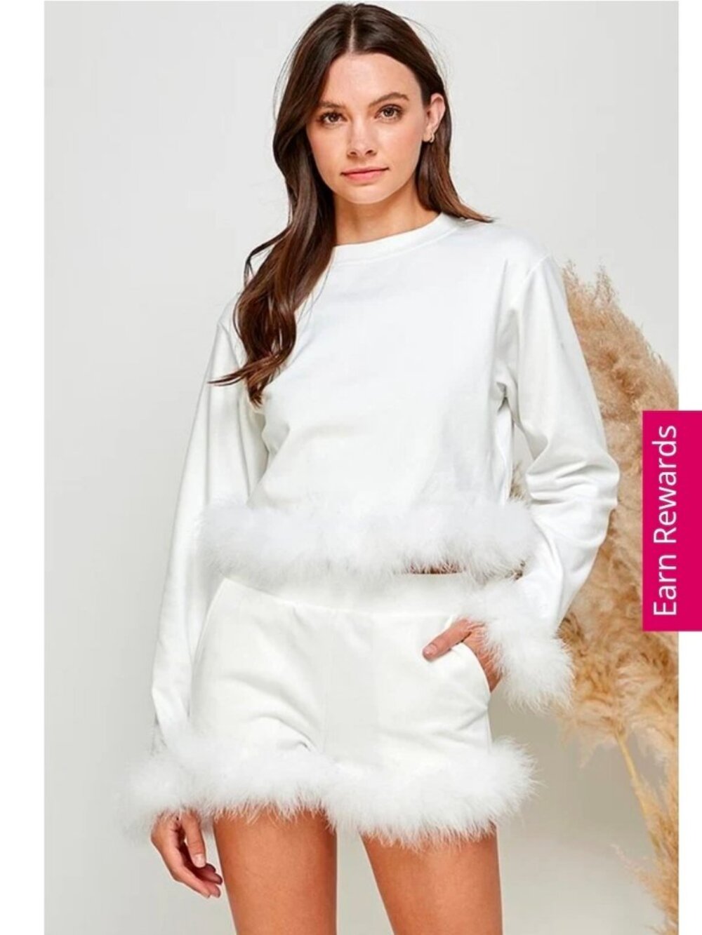 White Faux-Fur Trim Sweatshirt & Short Set
